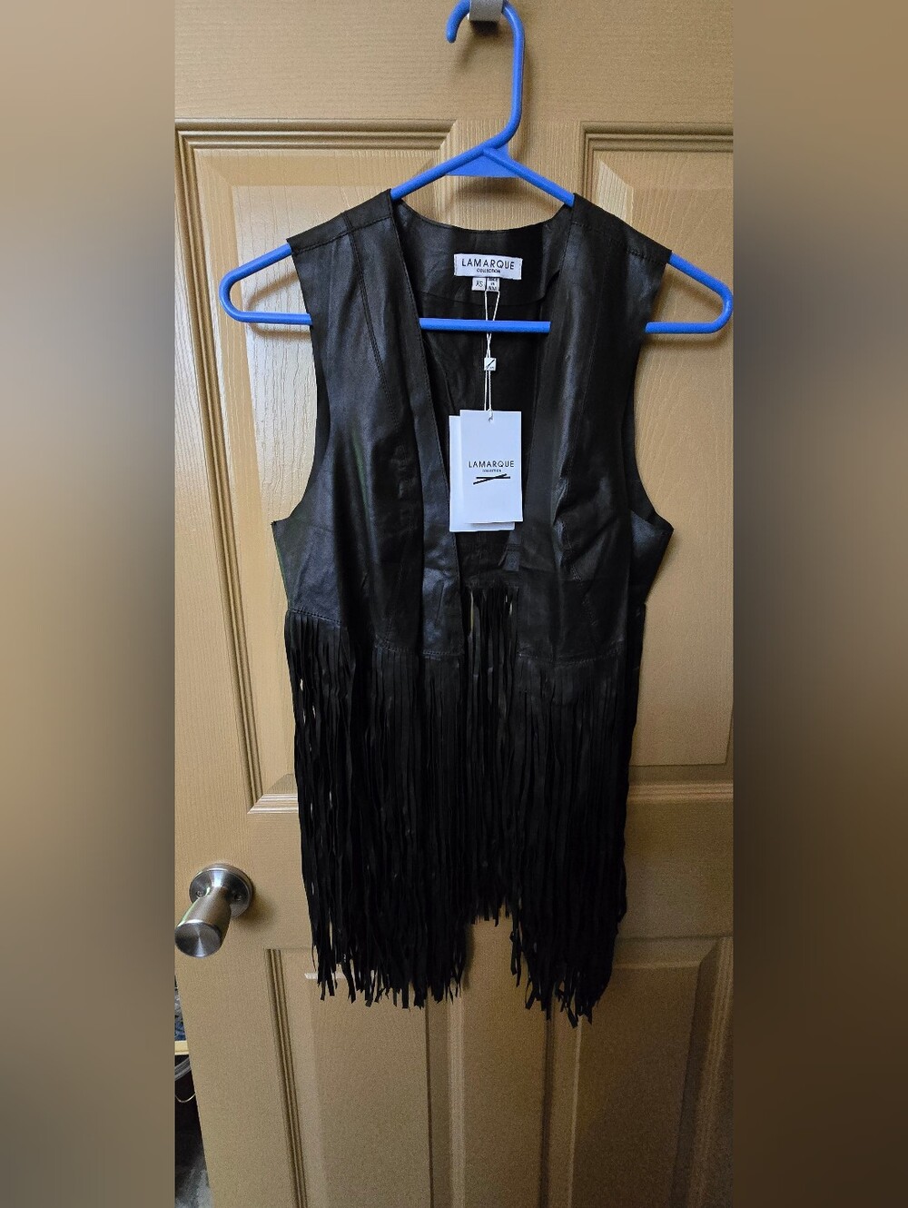 New Lamarque Black Leather Fringe Sleeveless Vest
